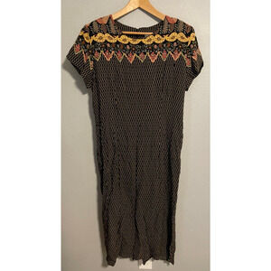 Vintage Womens Maxi Dress Size 14 Black Abstract Print Short Sleeve Boho 90s